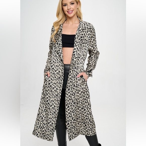 Coalition LA Jackets & Blazers - 199. Trench Coat Lightweight Leopard Silky W/Pockets Cinch Waist Back NWT